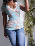 Y2K Floral Blue Romantic Mesh Lace Trimmed Top
