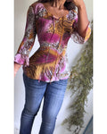 Y2K Abstract Animal Print Pleat Peasant Top