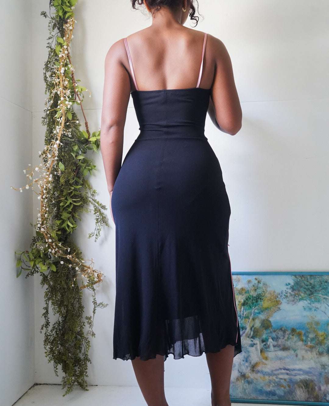 Y2K Black Mesh Midi Dress with Pink Ribbon Trims – Masha&Jlynn
