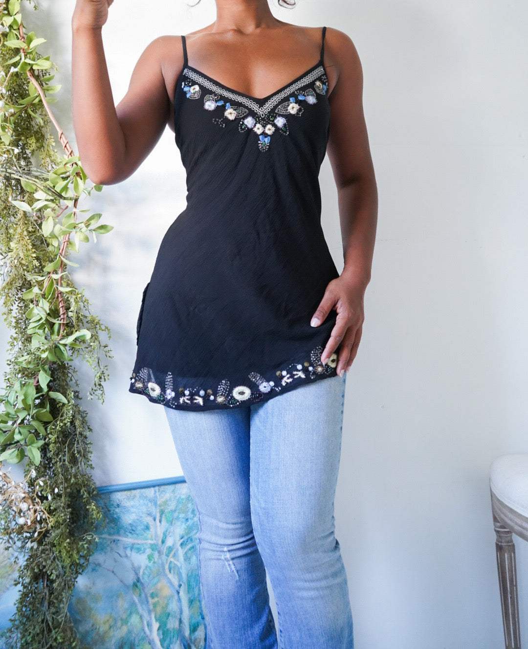 Y2K Floral Trim Asymmetric Hem Cami