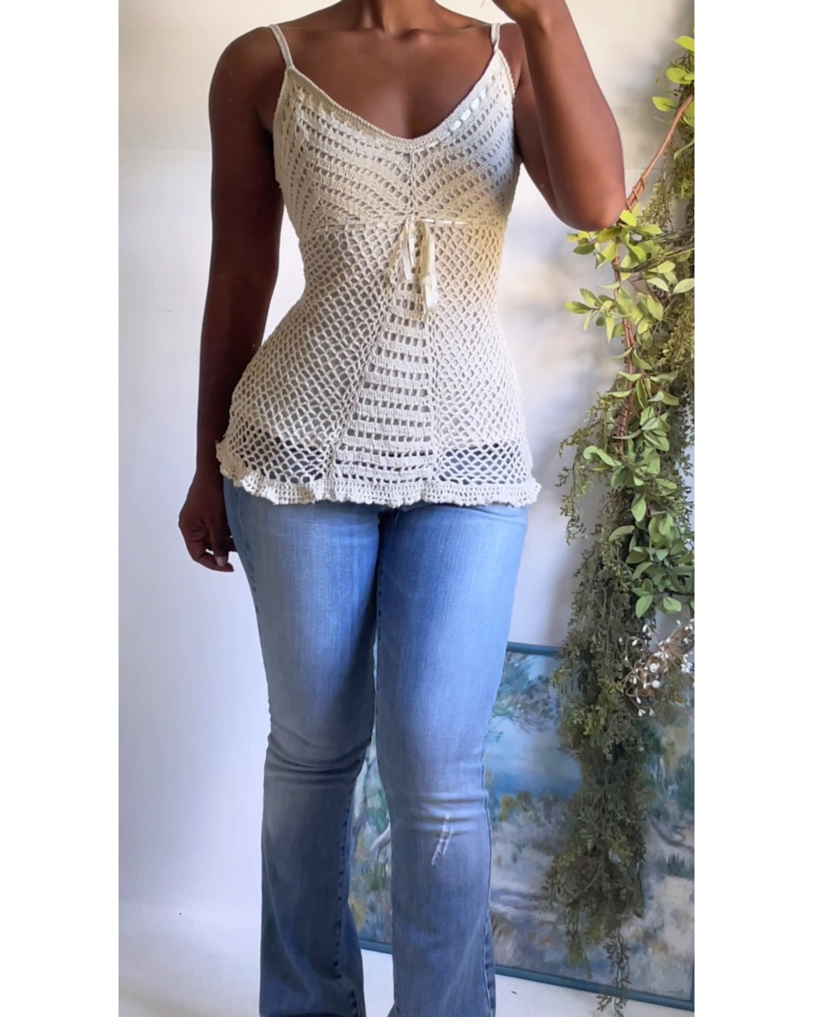 Y2K Cream Crochet Knit Cami