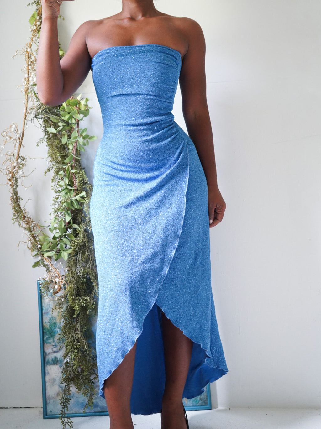 Vintage Y2K Blue Glitter Strapless High-Low Dress