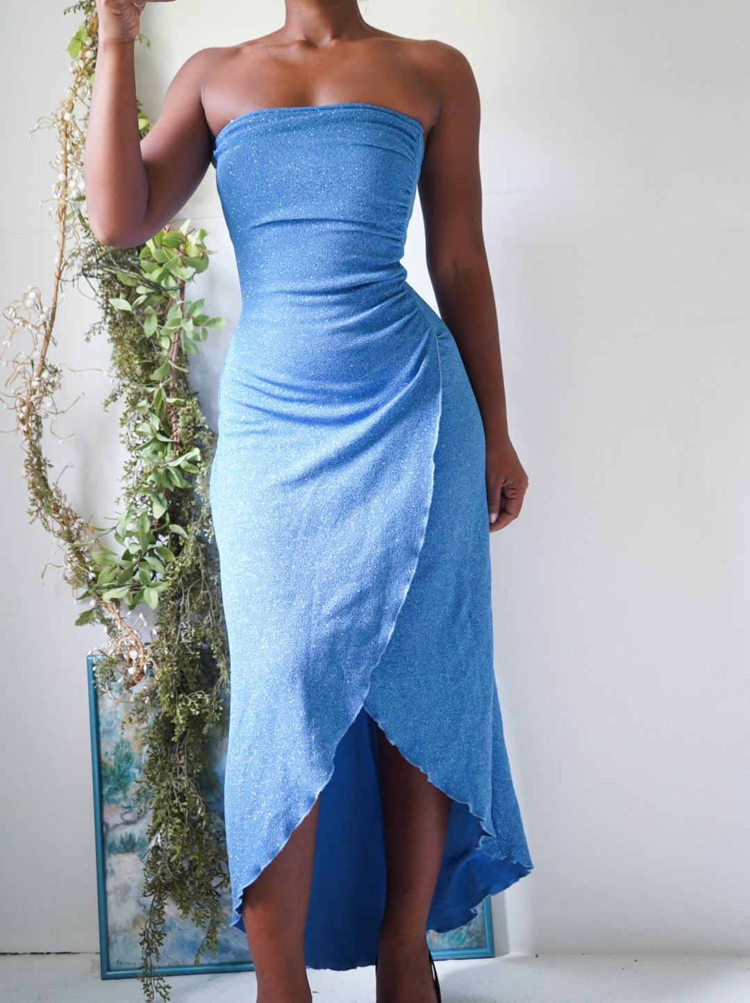 Vintage Y2K Blue Glitter Strapless High-Low Dress