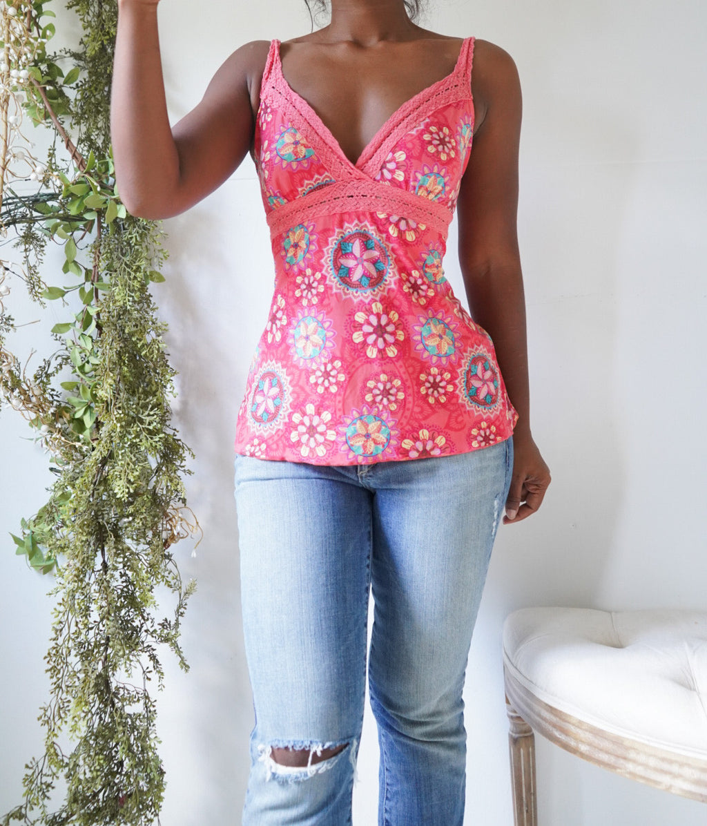 Y2K Bright Coral Boho Print Lace Trim Cami