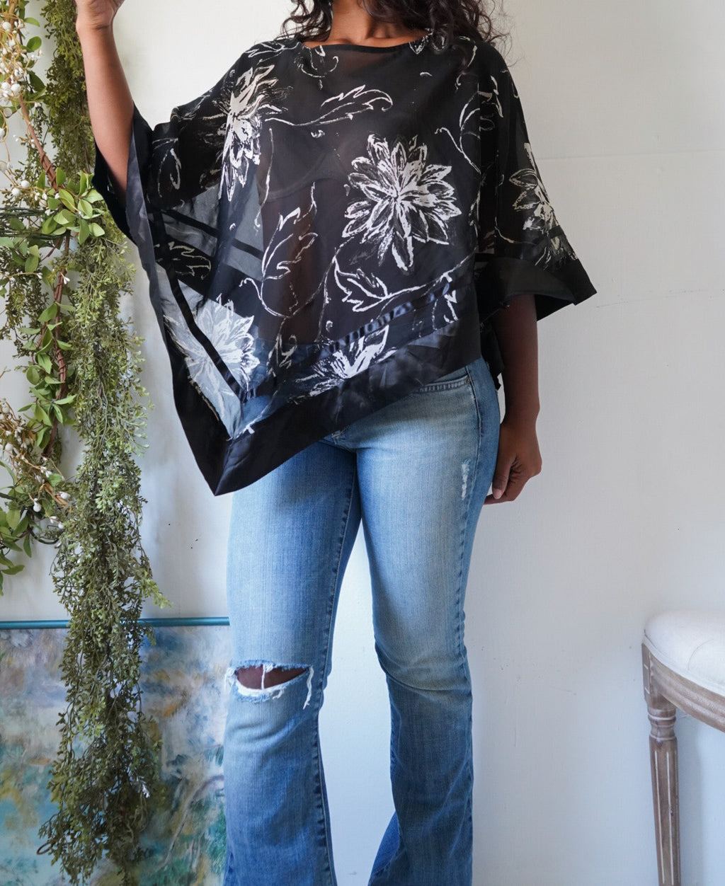 Y2K Monochrome Satin Trim Poncho