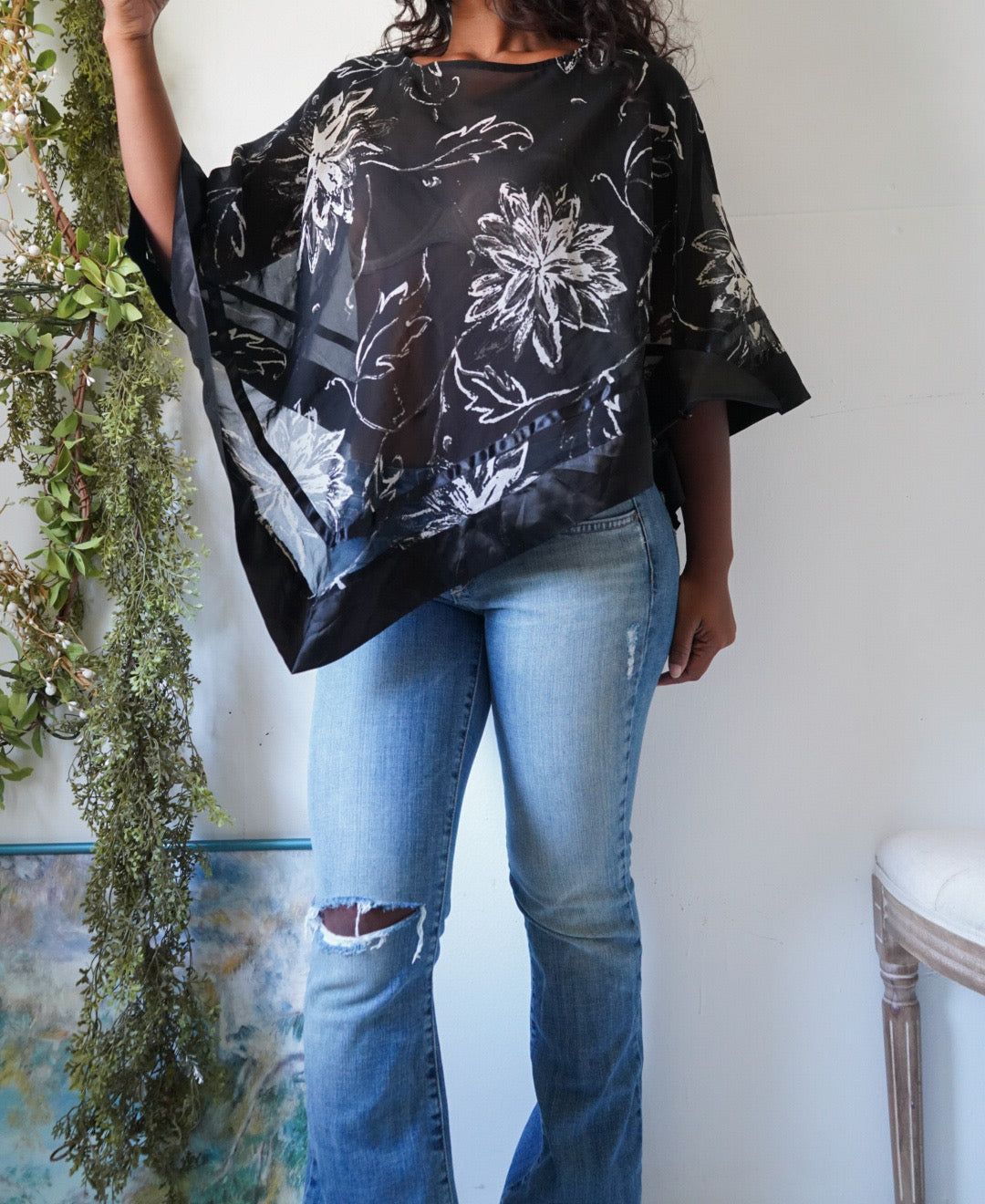 Y2K Monochrome Satin Trim Poncho