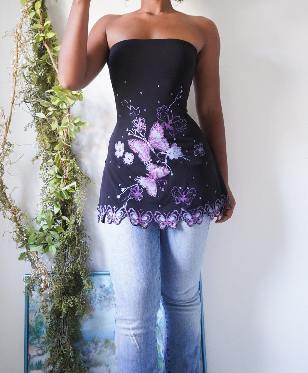 Rare Y2K Butterfly Hem Strapless Top