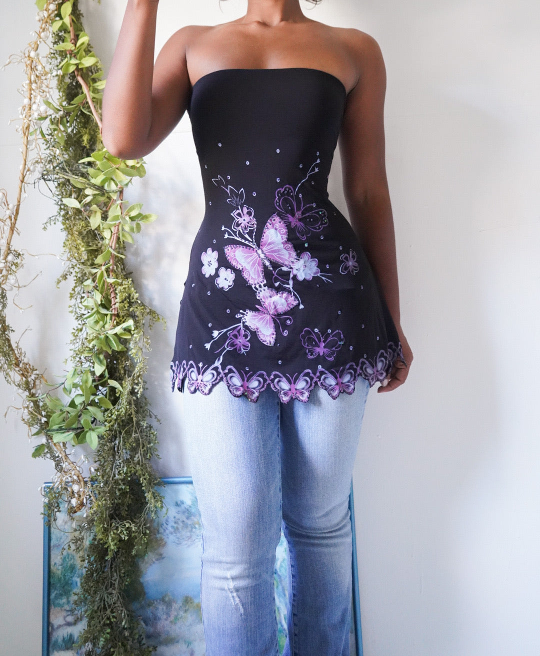 Rare Y2K Butterfly Hem Strapless Top