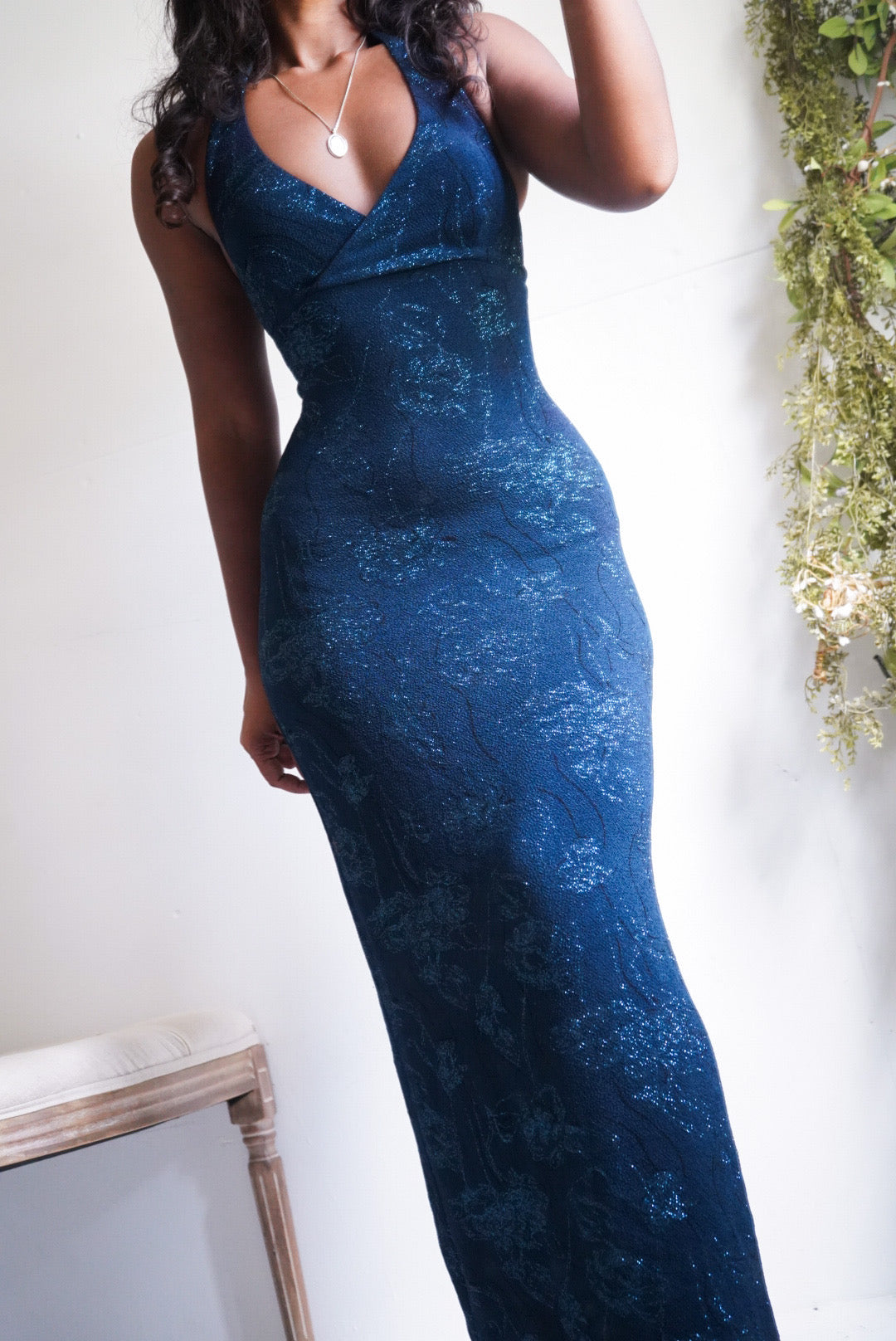 Y2K Deep Teal Halter Glitter Slinky Gown