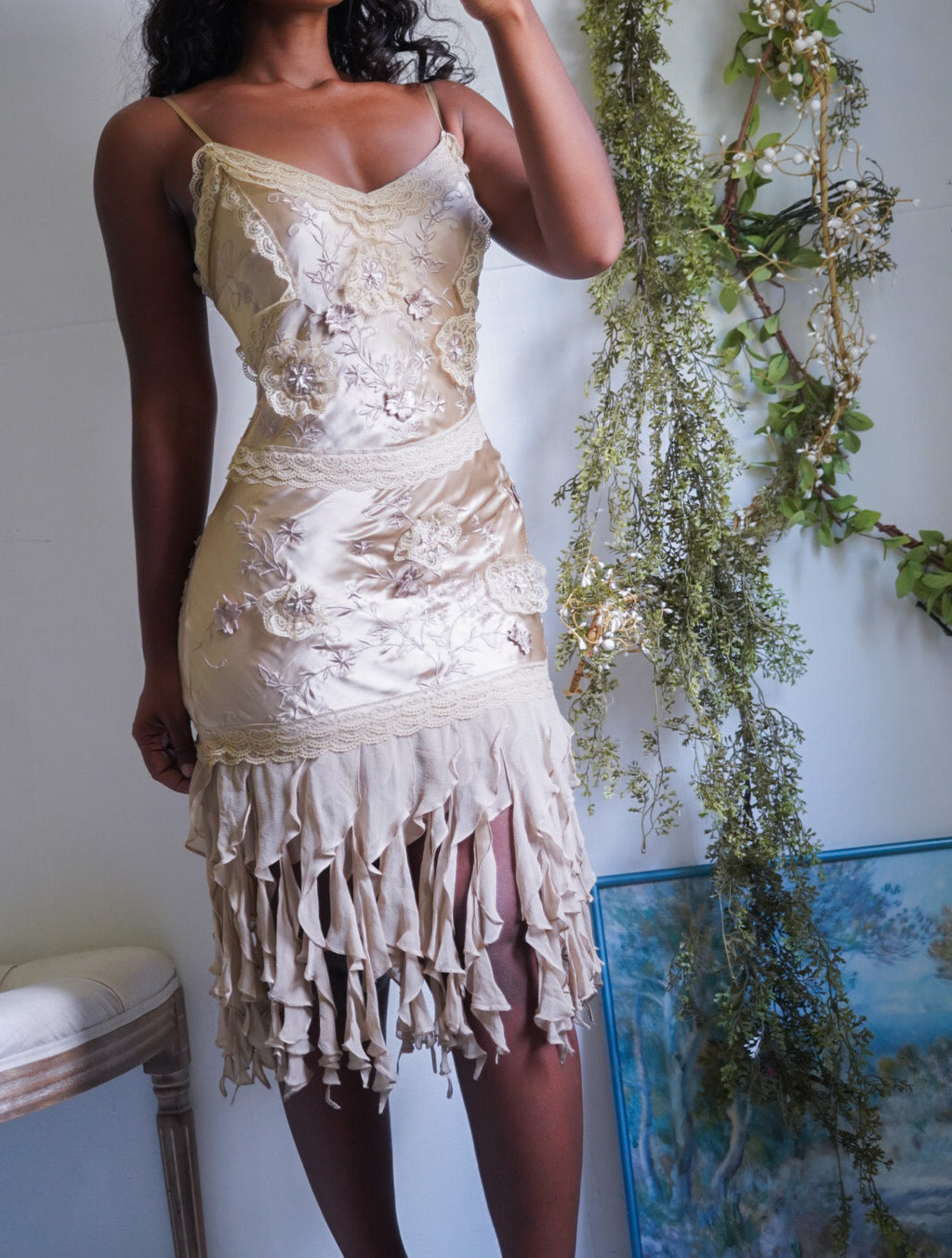 Y2K Champagne Silk Charmeuse Beaded Dress