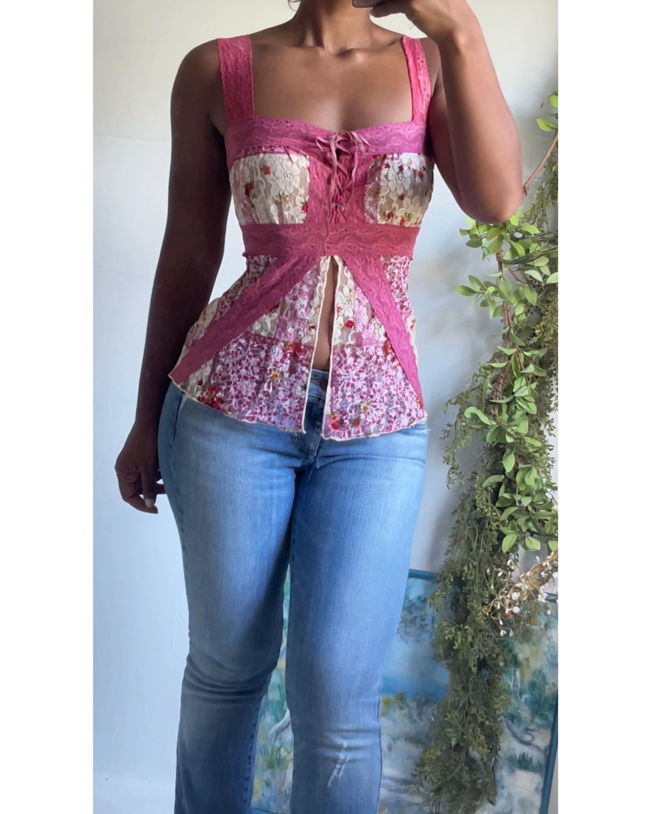 Y2K Patchwork Lace Split Front Cami