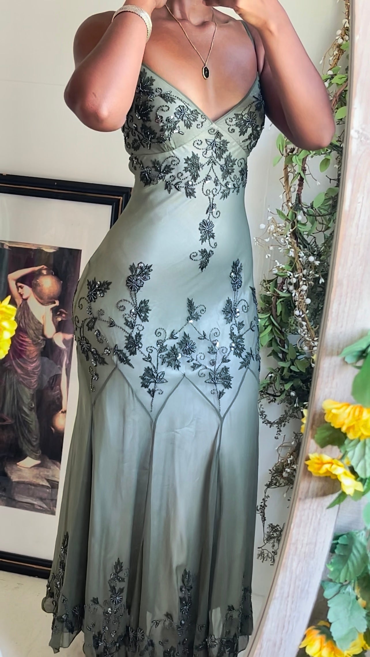 Olive Silk Layered Beaded Fairy Gown