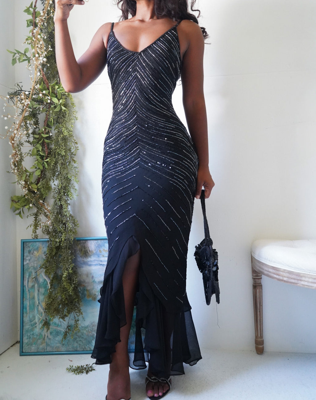 Y2K Beaded Black Evening Dress