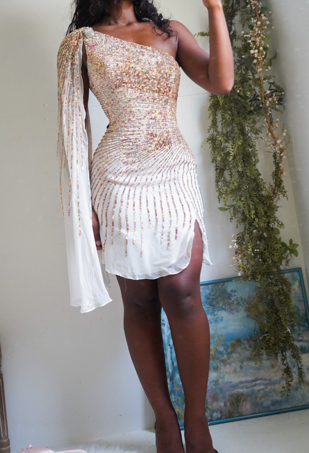 Y2K Cream Silk Sequined Mini Dress