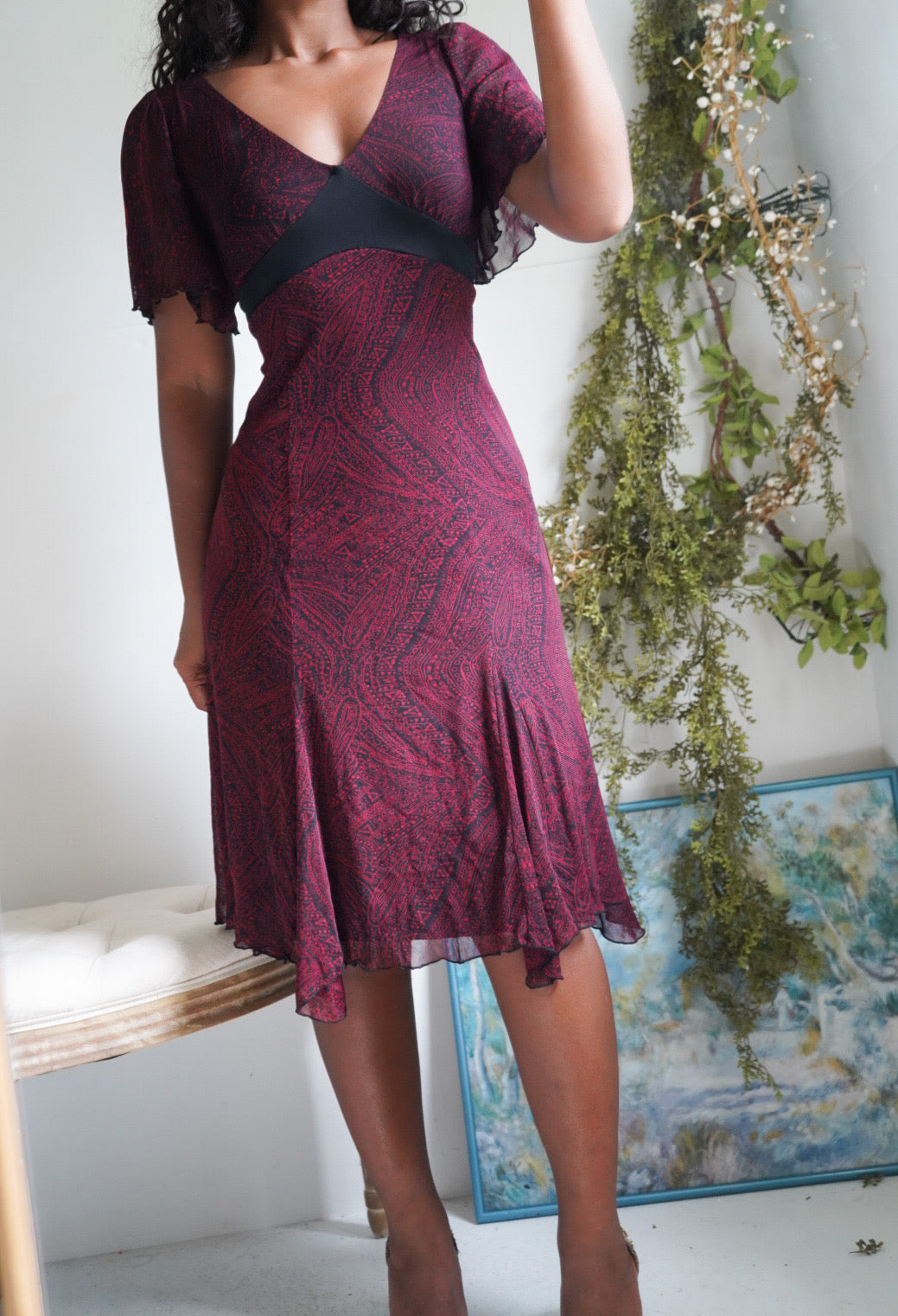 Red and Black Paisley Tie Back Y2K Dress