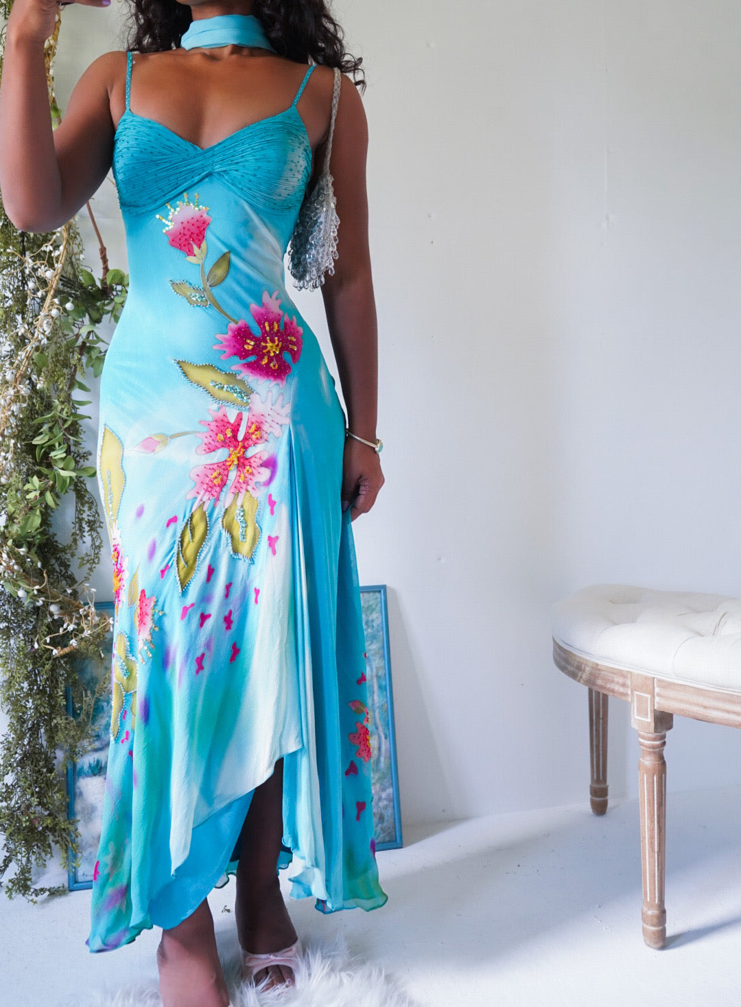 Rare Vintage Y2K Painted Floral Silk Gown