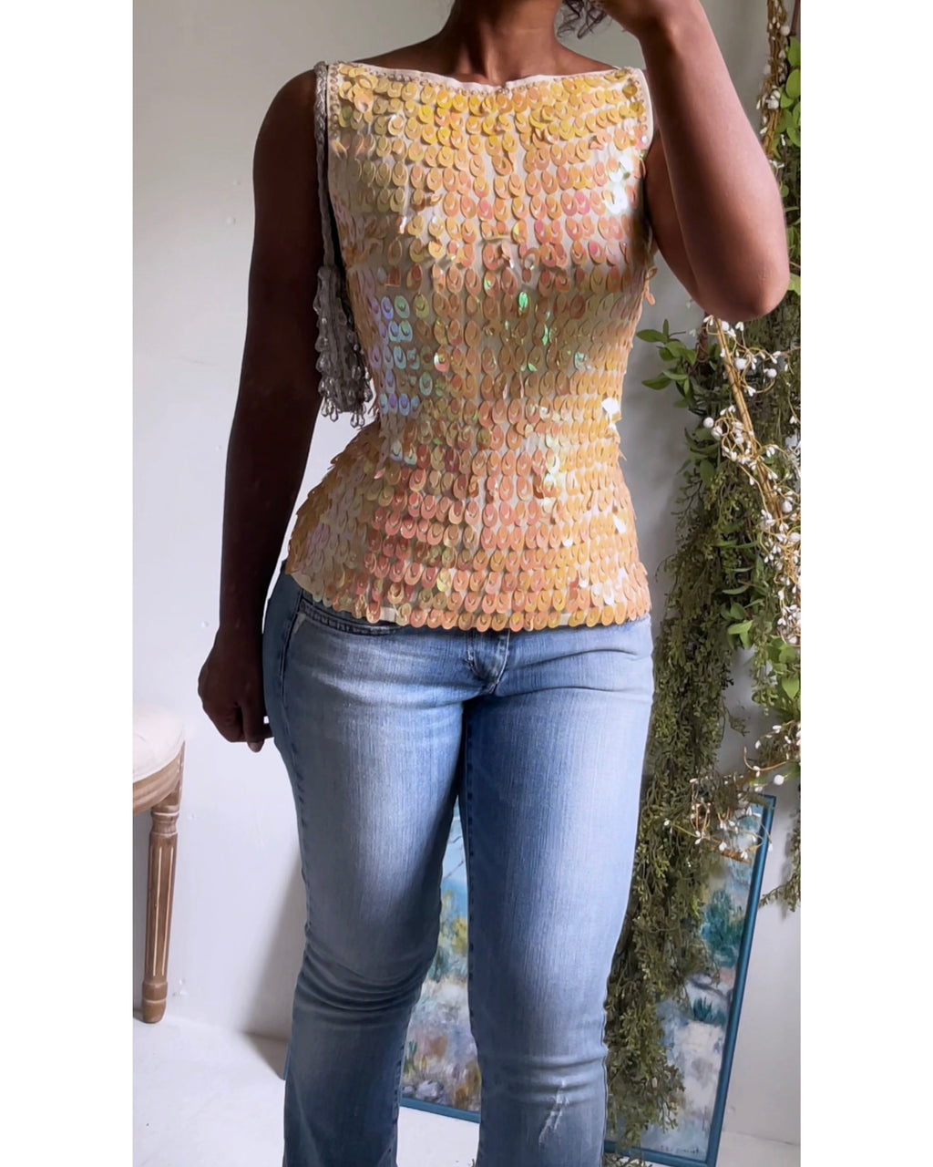 Y2K Iridescent Cream Sequin Top