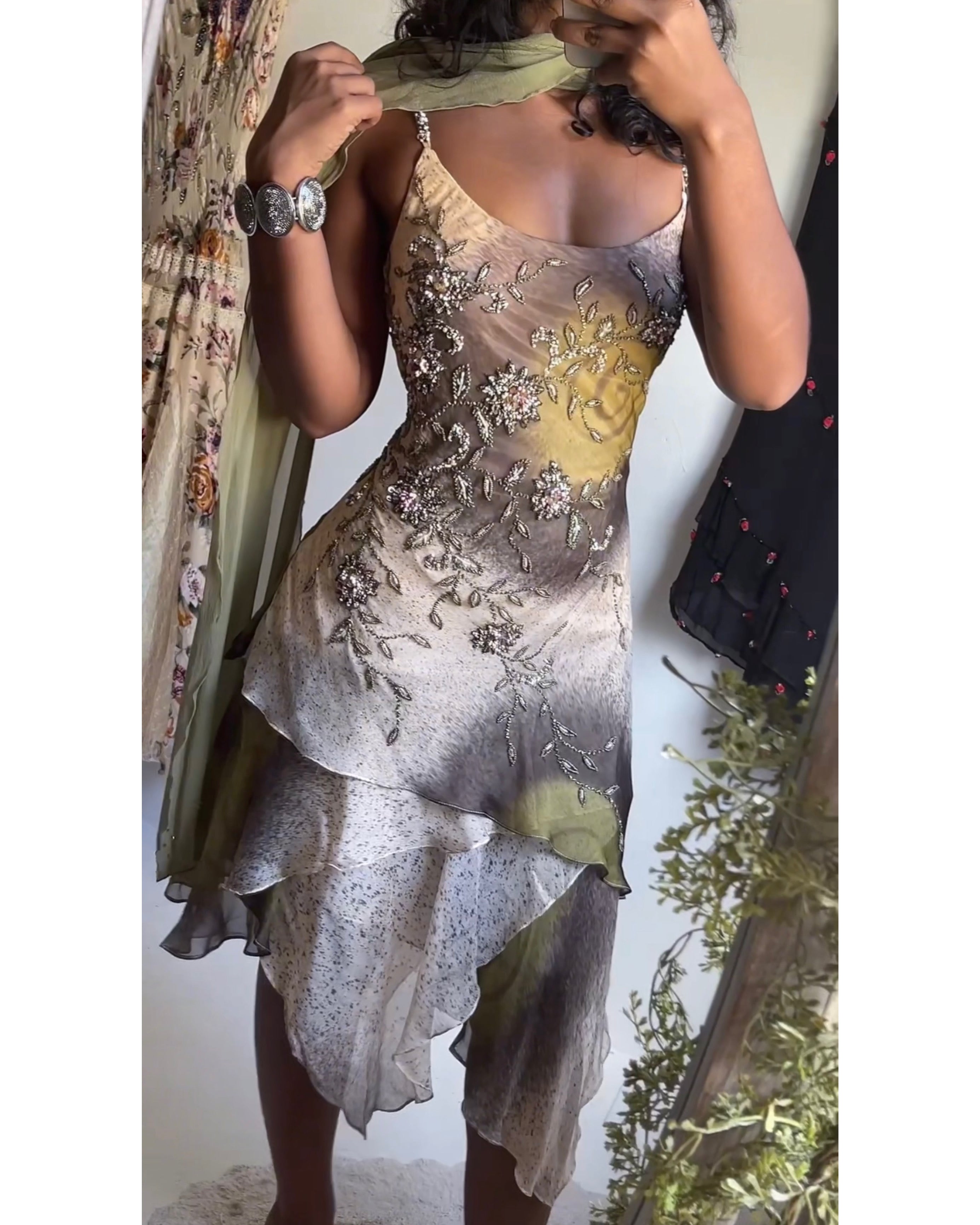 Rare Y2K Earthy Fairy Beaded Silk Mini Dress