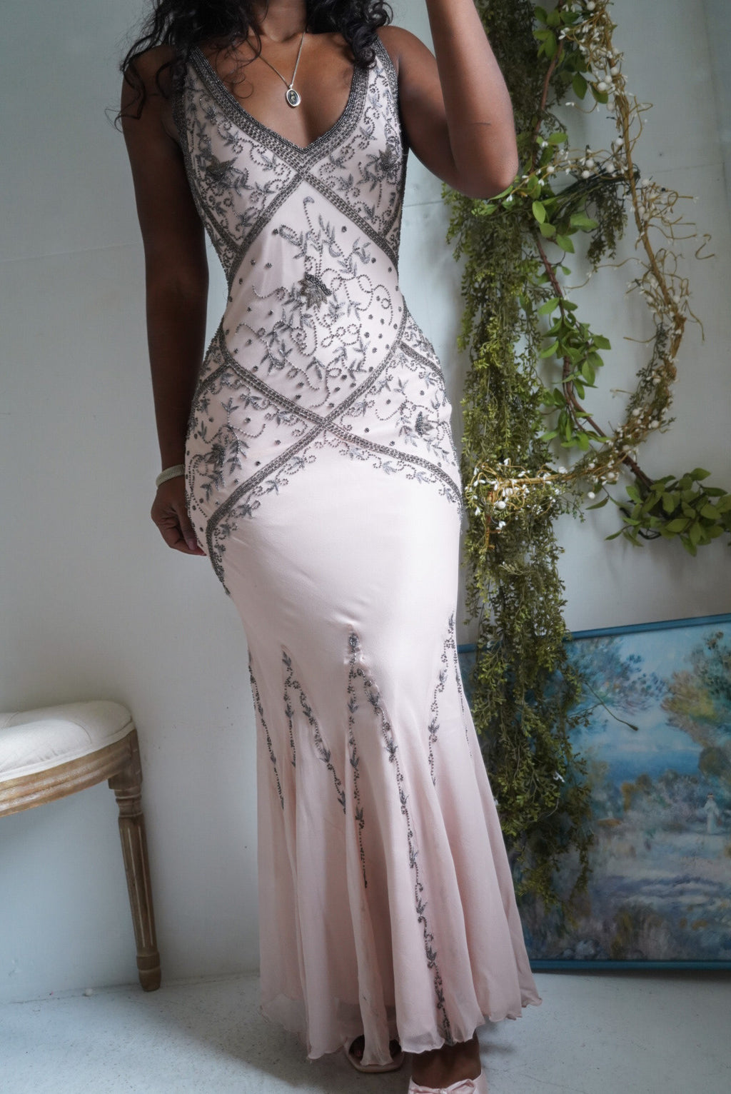 Y2K Blush Nude Beaded Silk Gown