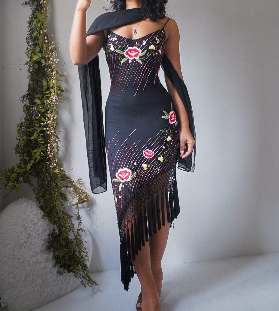 Rare Vintage Y2K Beaded Silk Fringe Hem Dress