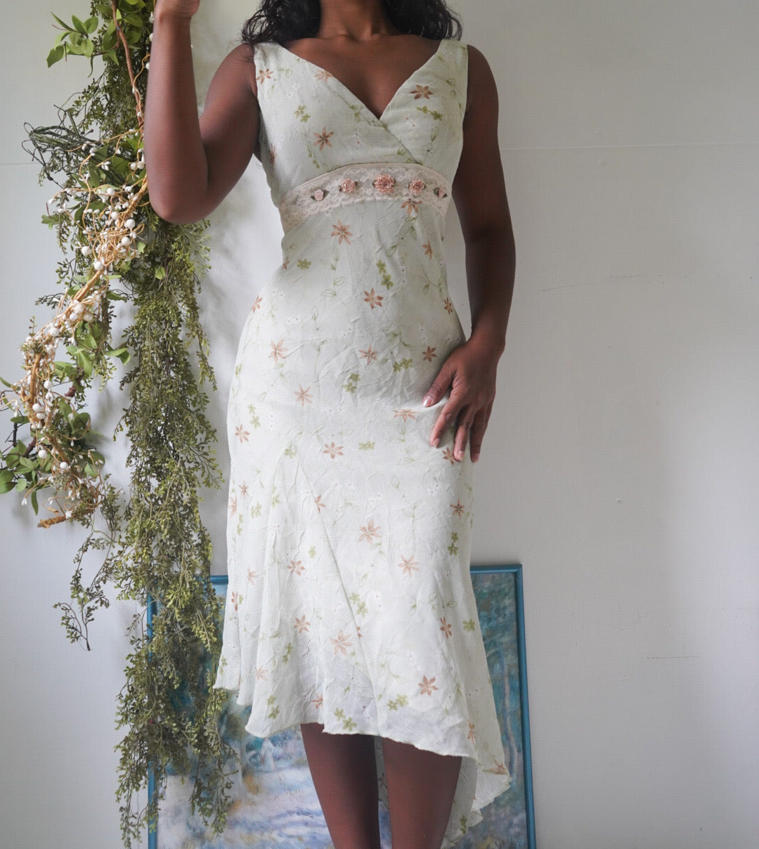 Y2K Pale Sage Romantic Floral Midi Dress
