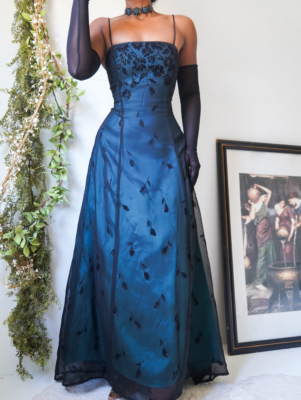 Vintage Teal and Black Layered Burnout Floral Gown