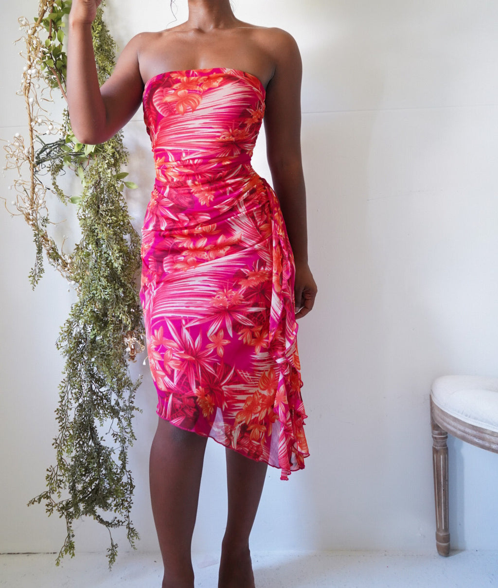 Y2K Bright Tropical Floral Strapless Dress