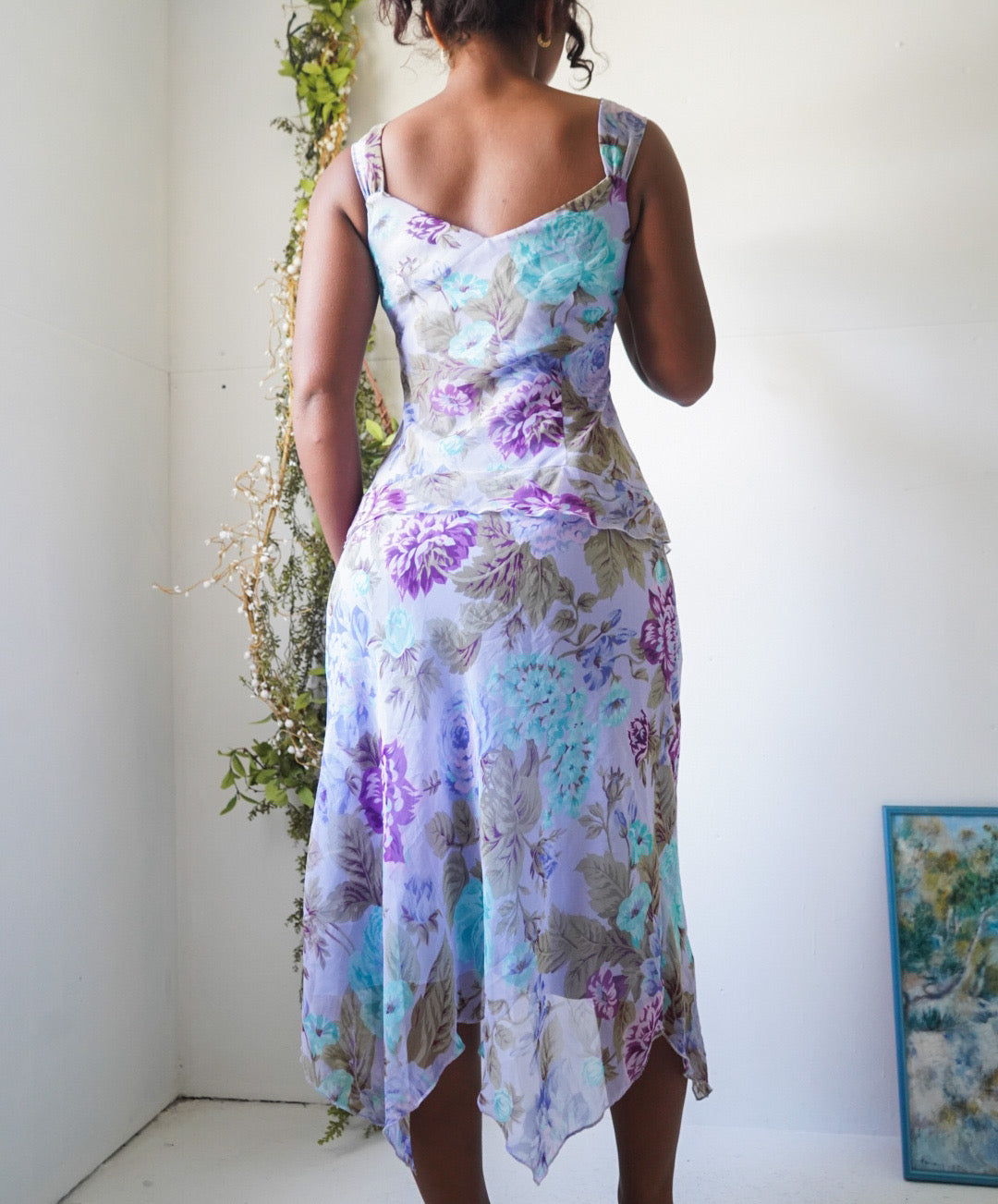 Y2K Romantic Lavender Floral Midi Dress