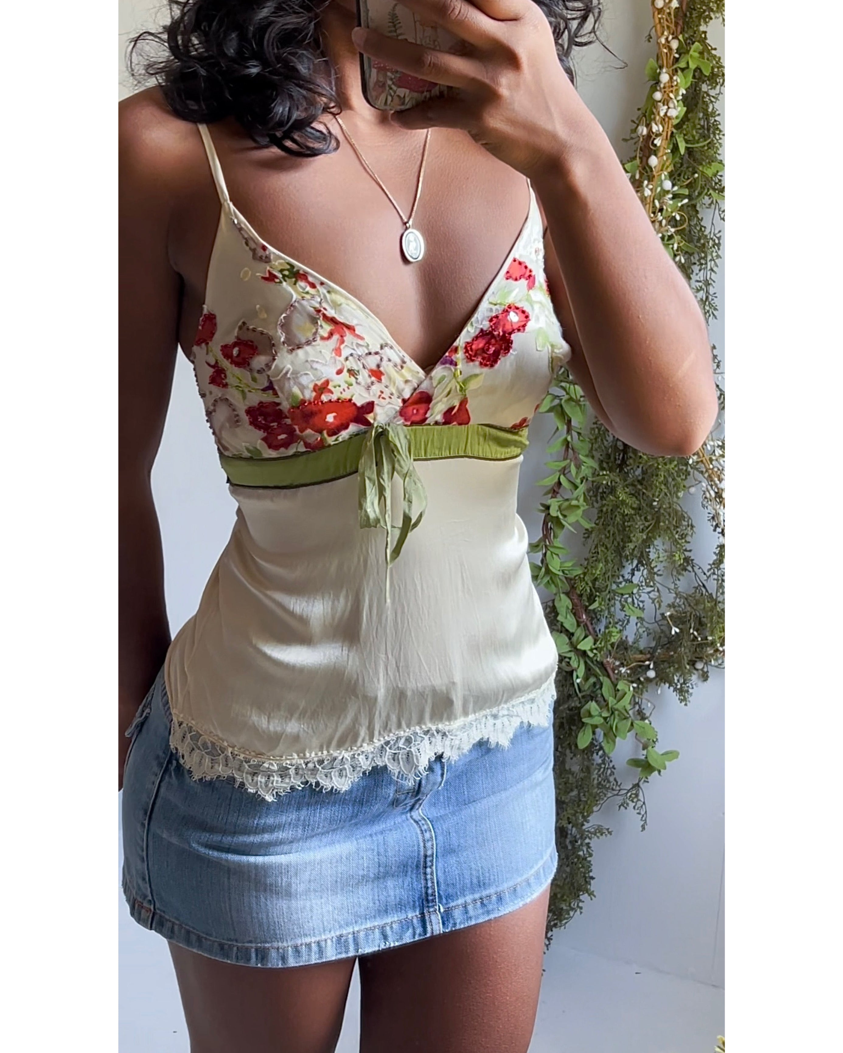 Silk and Knit Ivory Lace Trim Cami