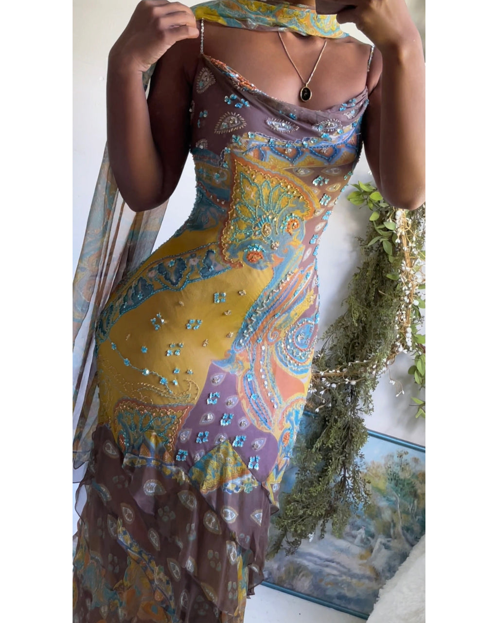 Rare Y2K Boho Paisley Beaded Silk Gown