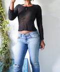 Y2K Sheer Black Silk Top with Beaded Sleeves