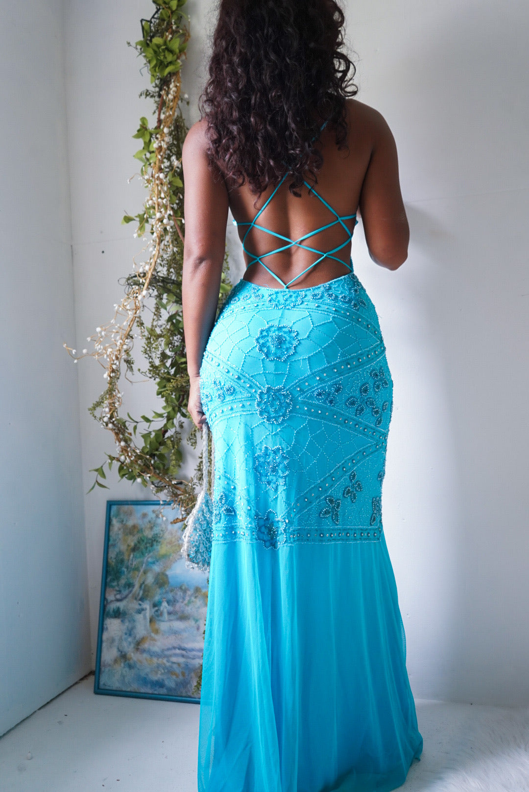 Y2K Fully Beaded Turquoise Mesh Backless Gown