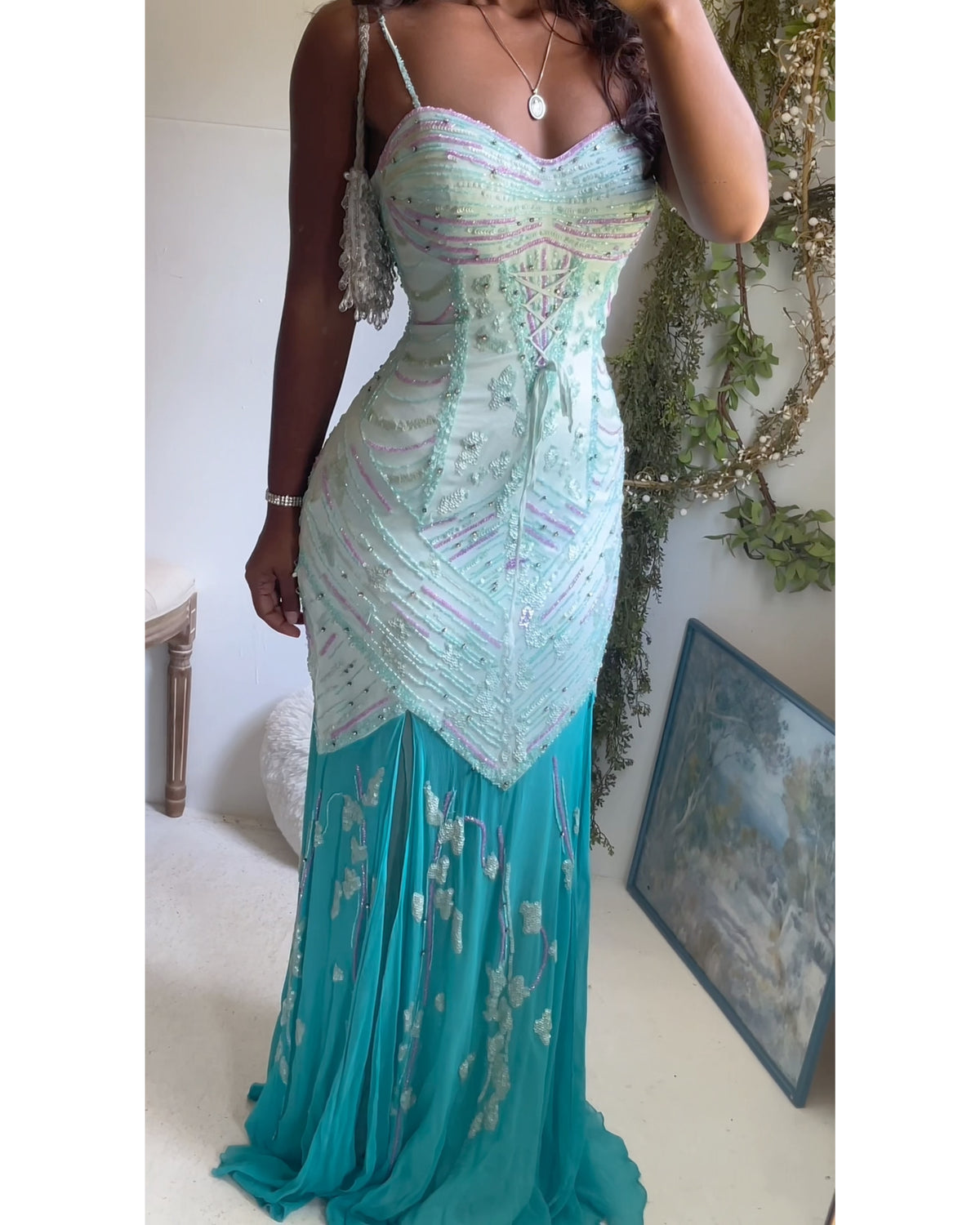 Rare Y2K Beaded Light Turquoise Silk Mermaid Gown