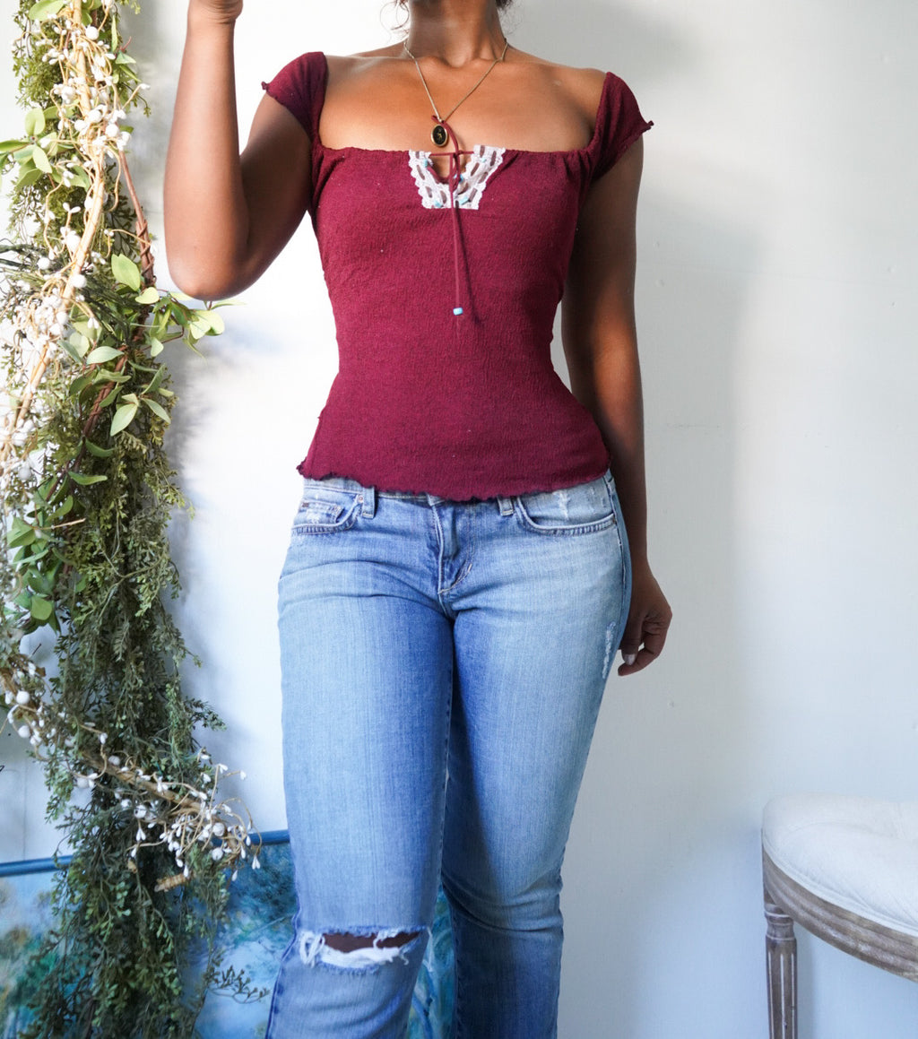 Y2K Textured Mesh Maroon Peasant Top