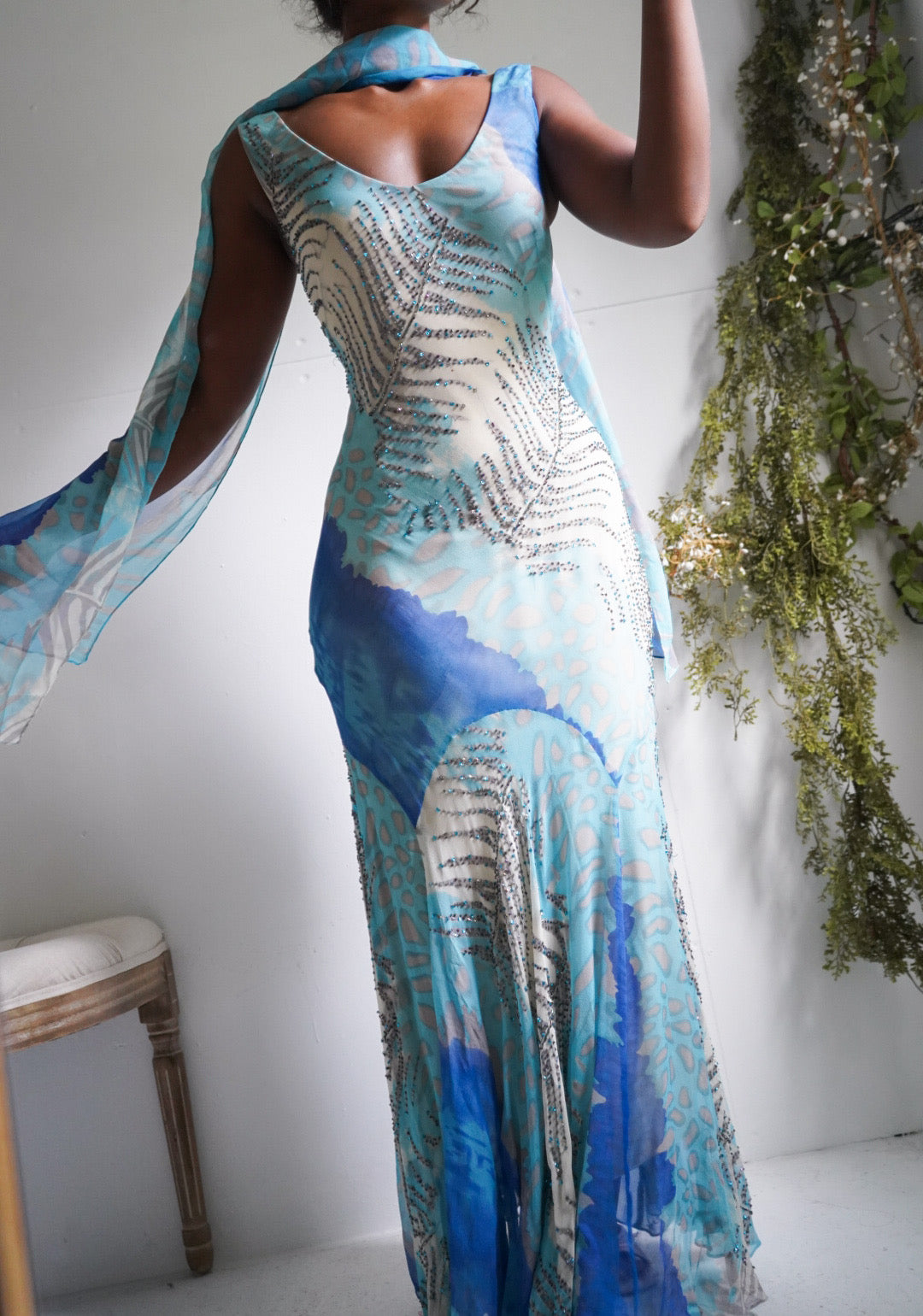 Y2K Beaded Silk Abstract Animal Print Gown with Sash