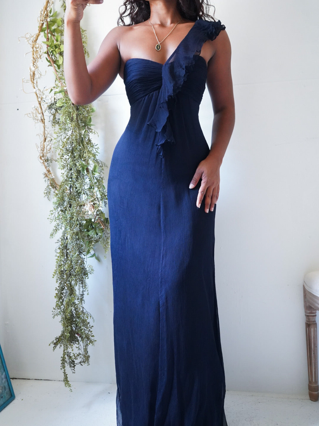 Y2K Deep Navy Silk Chiffon Strapless One Shoulder Gown