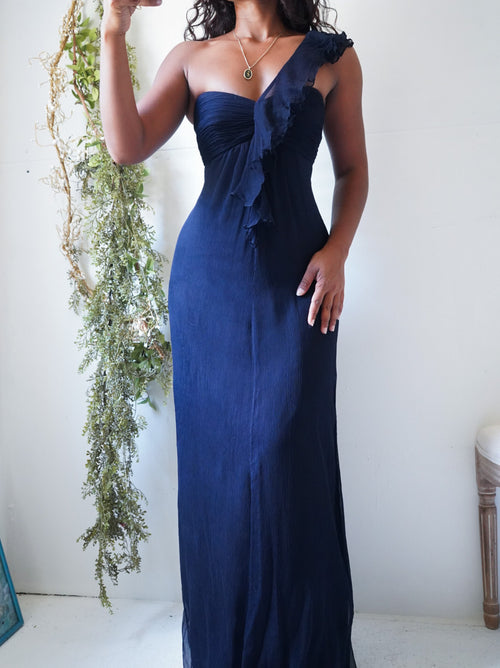 Y2K Deep Navy Silk Chiffon Strapless One Shoulder Gown