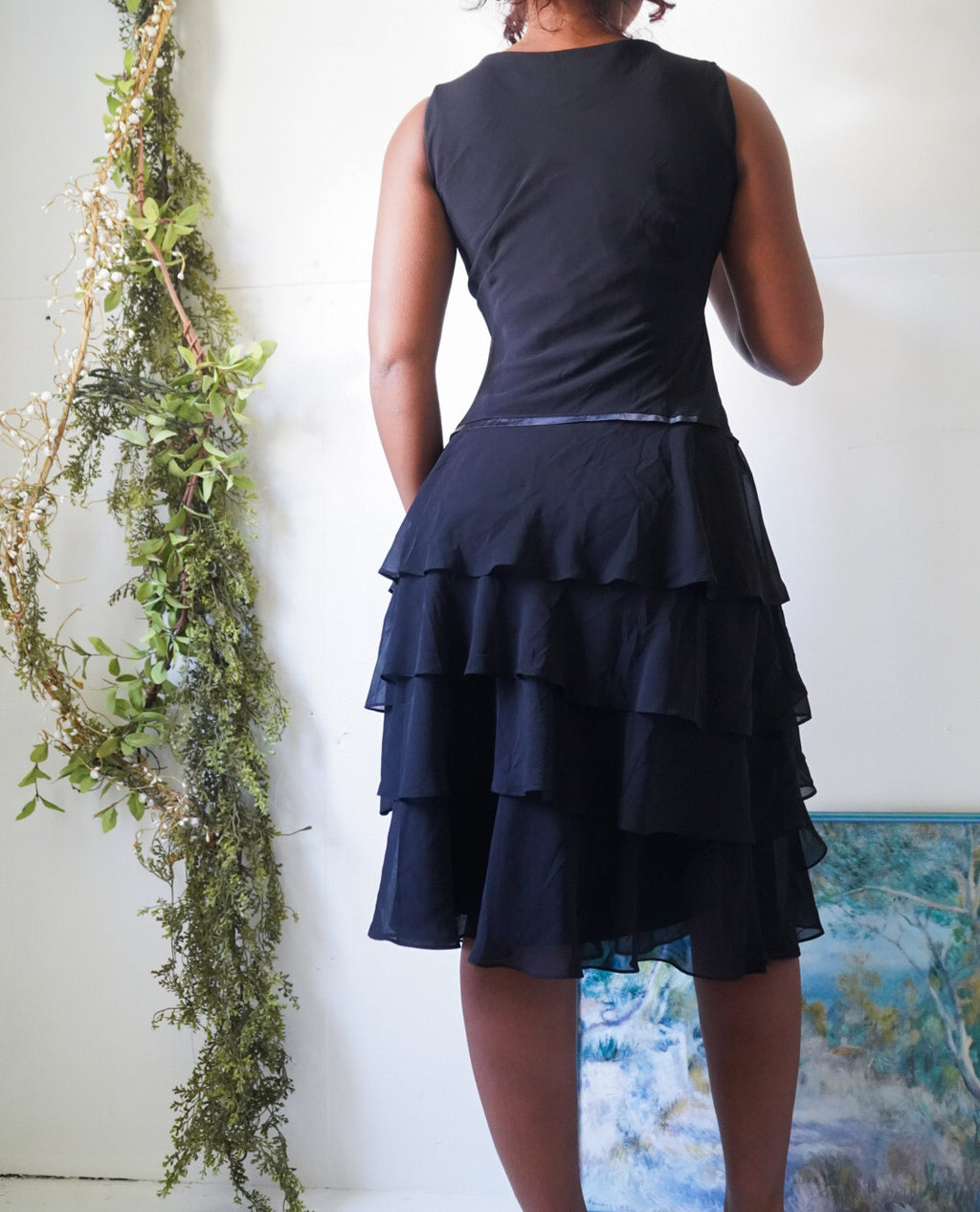 Y2K Ruffle Hem Drop Waist Black Dress
