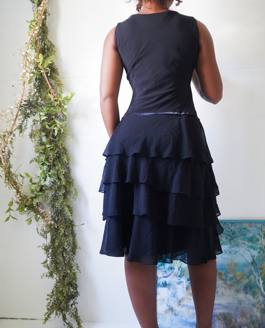 Y2K Ruffle Hem Drop Waist Black Dress