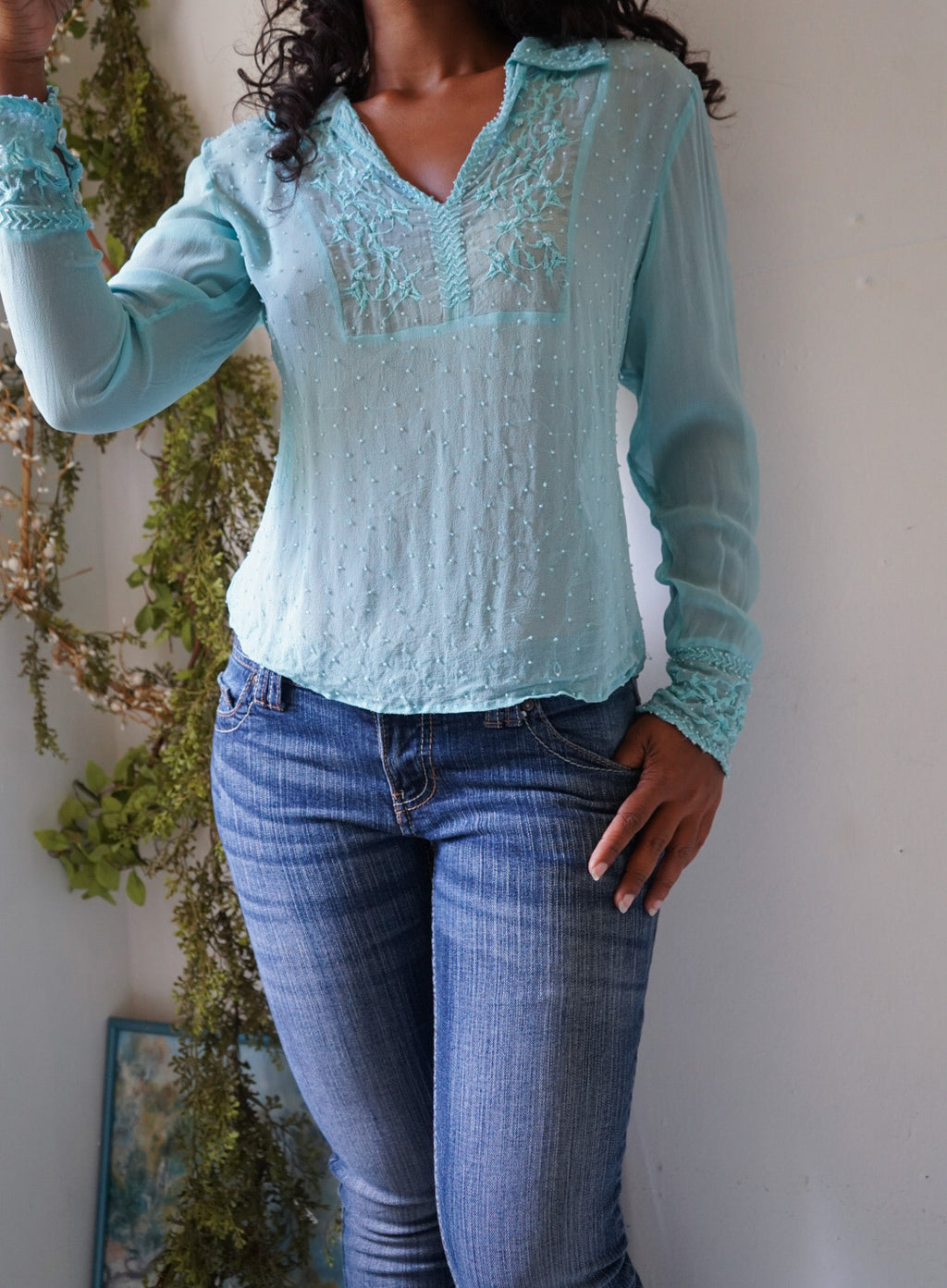 Y2K Turquoise Silk Beaded Collared Shirt