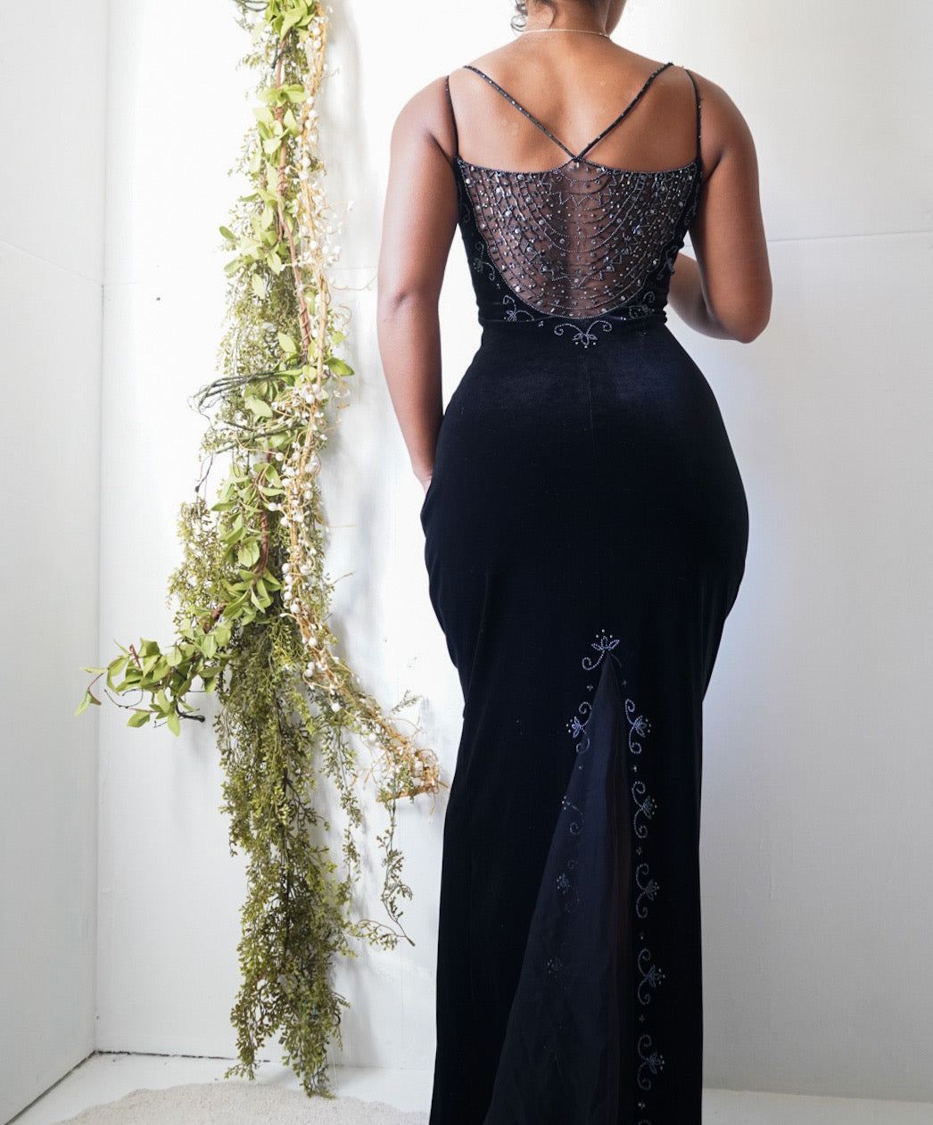Y2K Black Velvet Beading Detail Gown