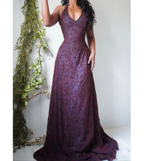 Brown and Turquoise Layered Beaded Halter Gown