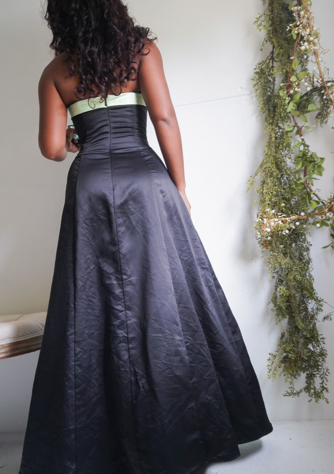Vintage Y2K Black Strapless Gown with Pastel Green Details