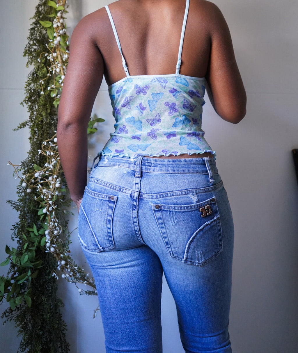 Vintage Blue Butterfly Mesh Cami