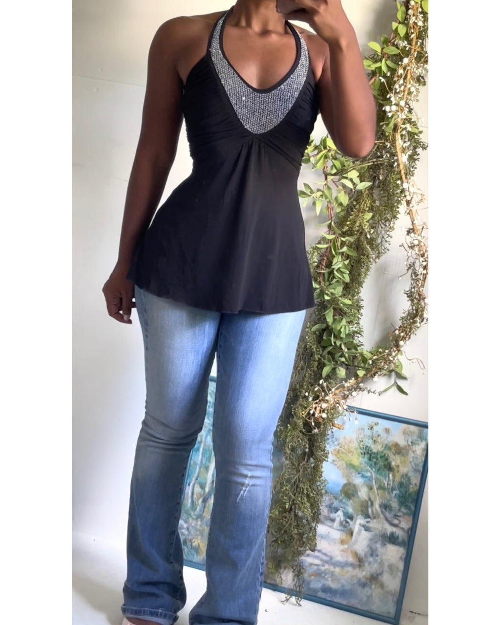 Y2K Black Sequin Neckline Halter Going Out Top