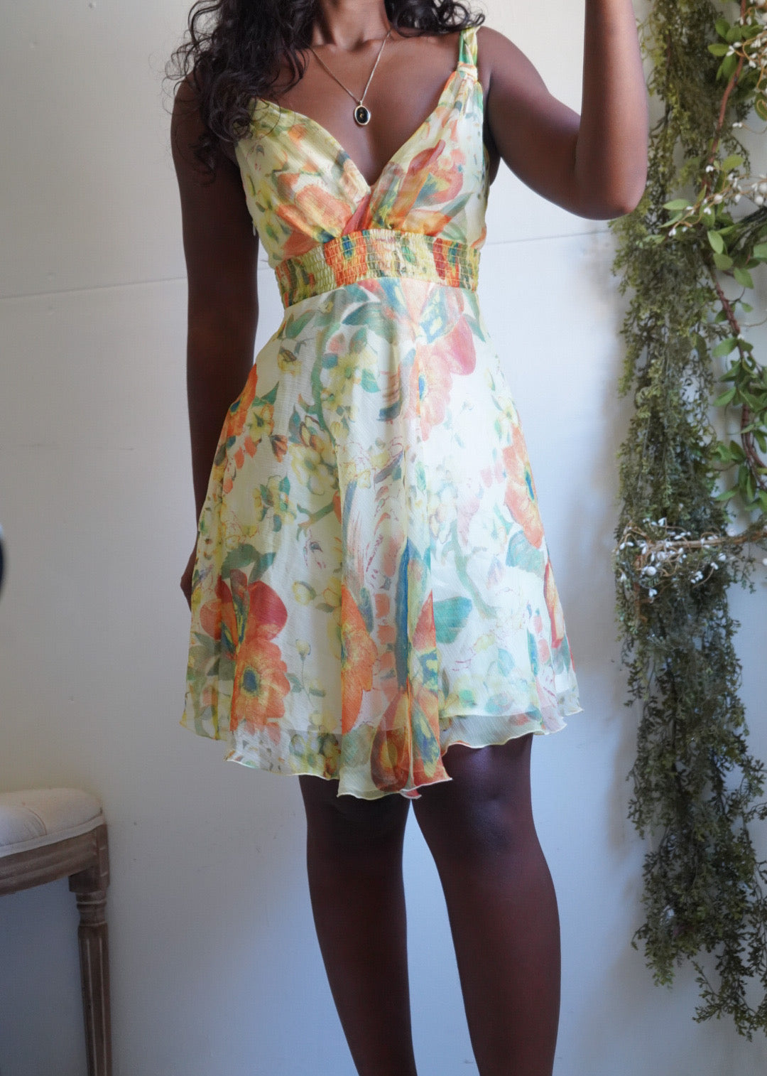 Y2K Pale Yellow Watercolor Silk Floral Mini Dress
