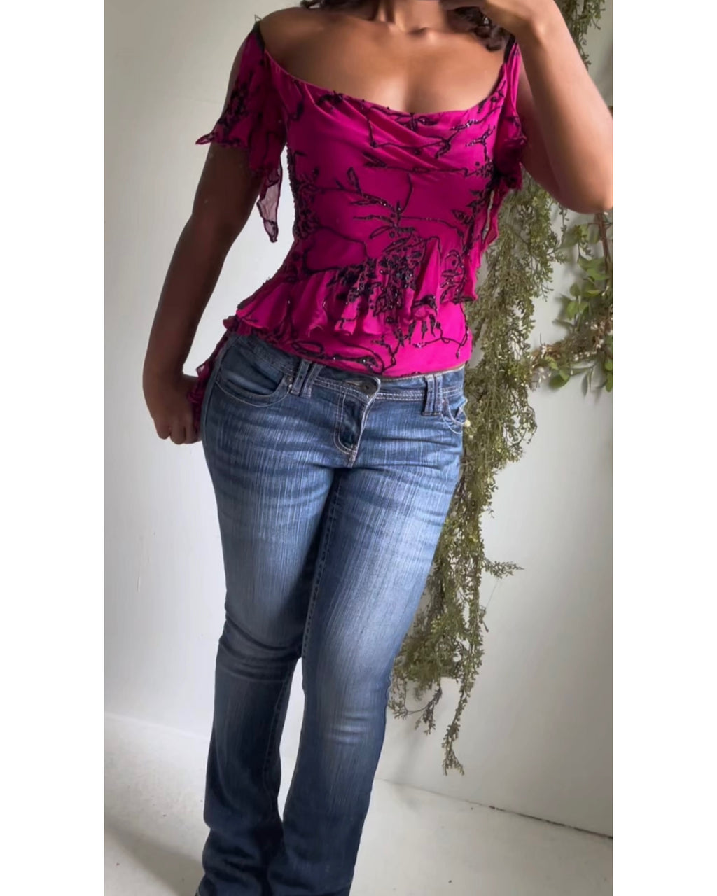 Rare Y2K Cache Fuchsia Silk Beaded Flyaway Sleeve Top