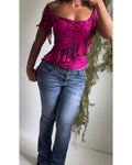 Rare Y2K Cache Fuchsia Silk Beaded Flyaway Sleeve Top