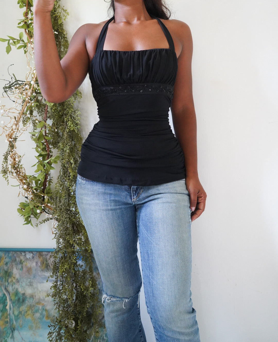 Y2K Black Milkmaid Ruched Halter Top
