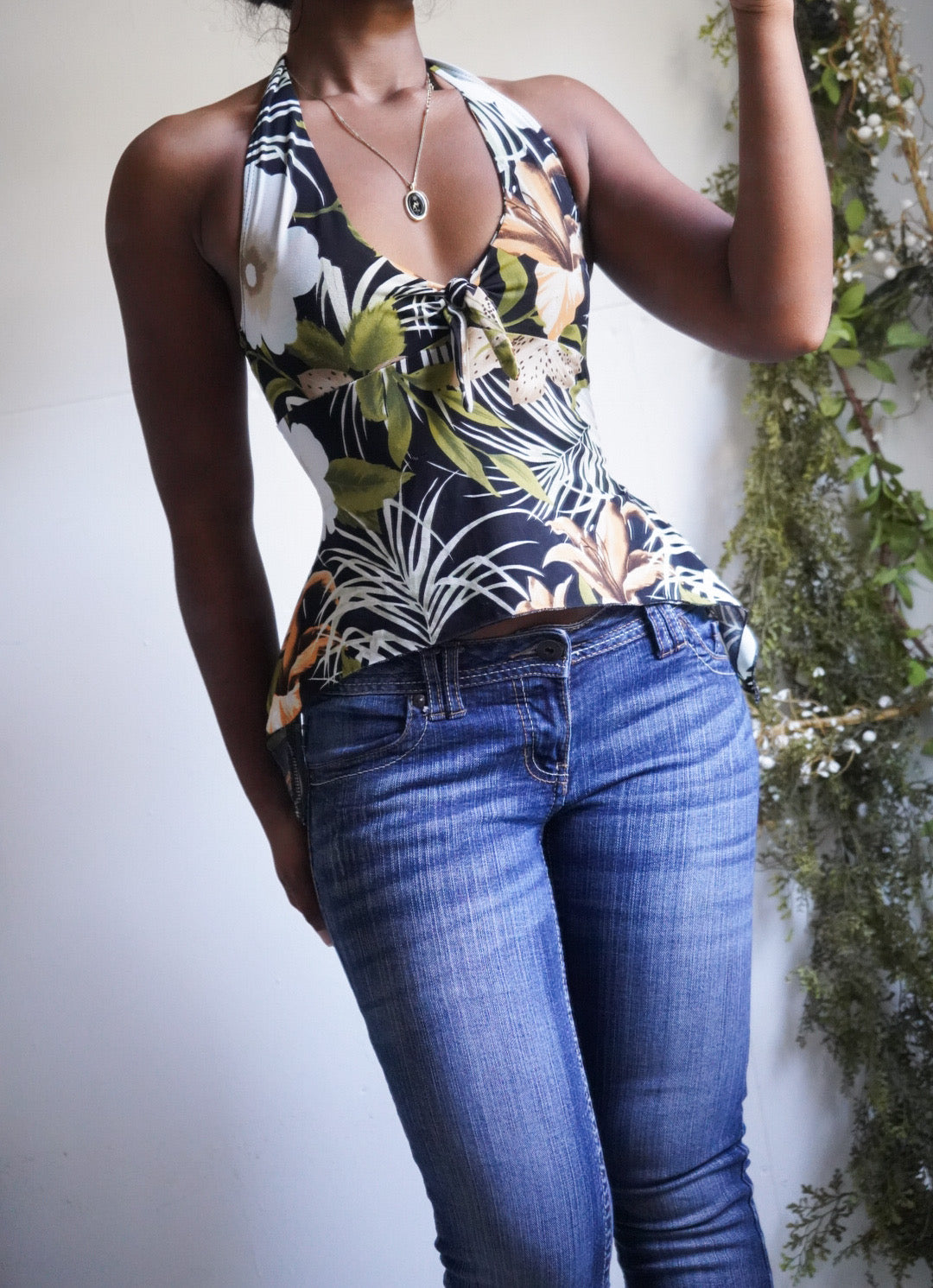 Y2K Tropical Fishtail Hem Halter Top